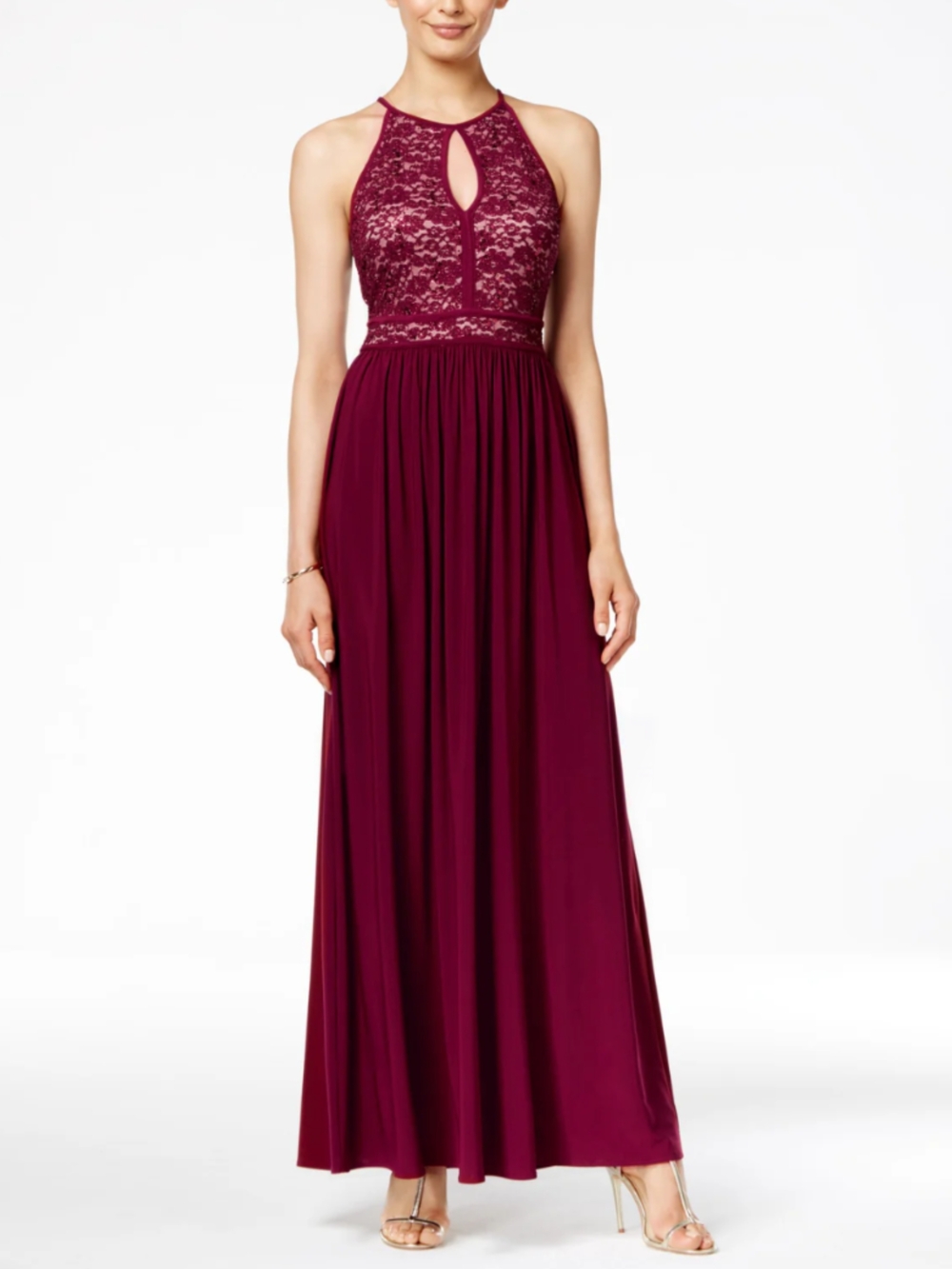 Morgan & Co Wine Red Sequined Lace Keyhole Maxi Prom Dress | Size 4